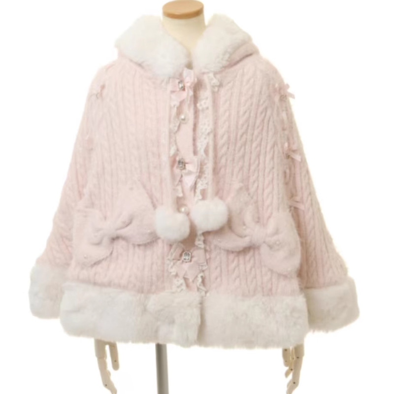 Japanese Sweet Soft Thick Womens DoubleLayer Big Ribbon Hooded Knitted Cloak Cozy Autumn  Winter Po 7