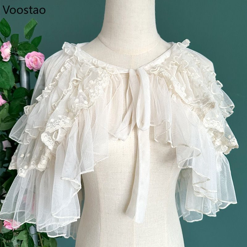 Sweet Kawaii Lolita Short Shawl Coat Women Lace Mesh Gothic Retro Cute Princess Capes Open Front Po 0