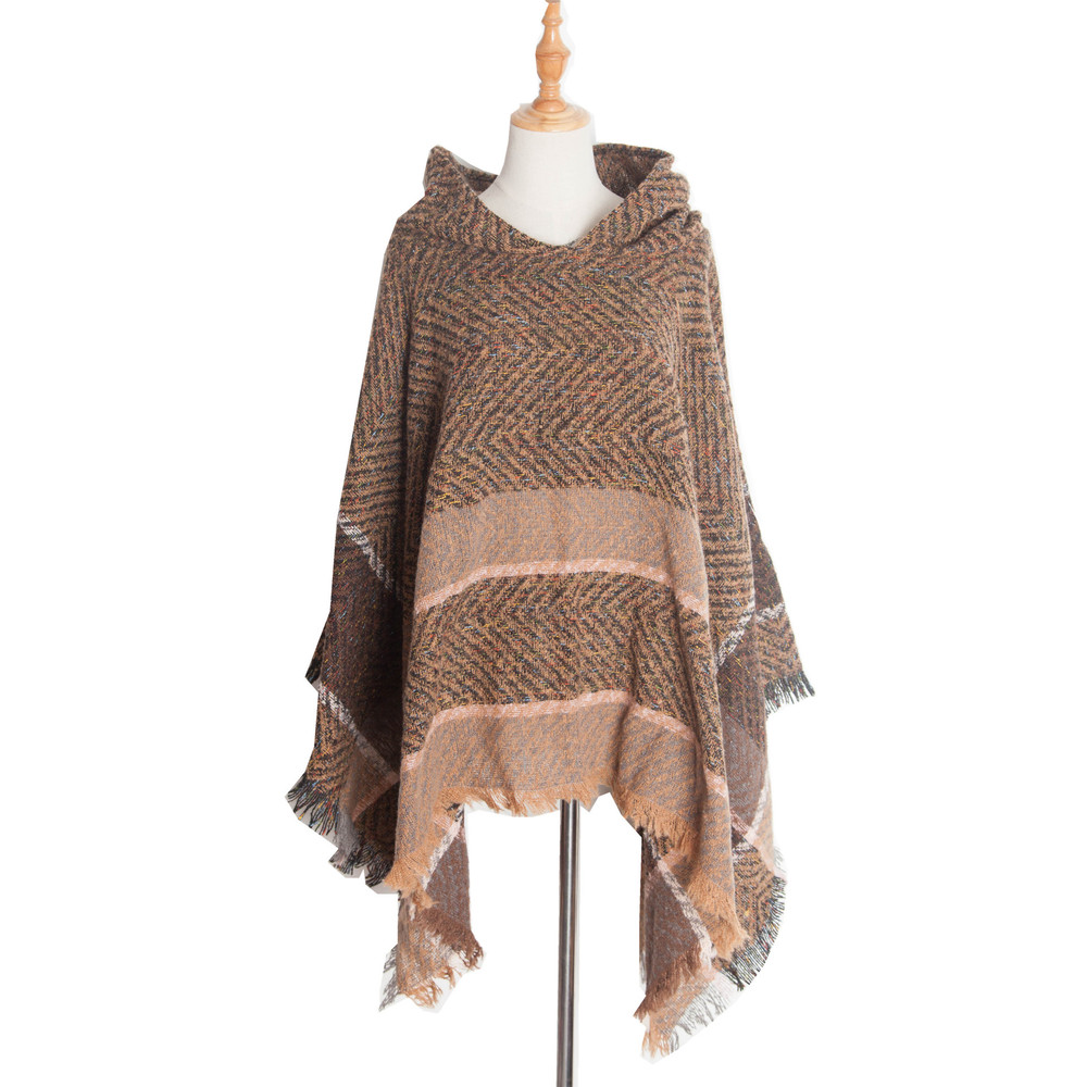 Elegant Autumn Winter Fishbone Pattern Womens Hooded Cape Pullover Poncho Black Cloak Cozy Fashion  3