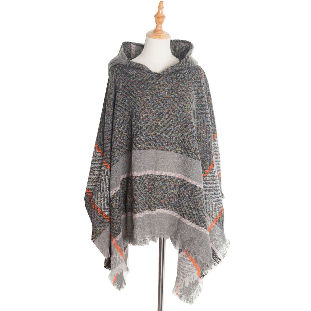 Elegant Autumn Winter Fishbone Pattern Womens Hooded Cape Pullover Poncho Black Cloak Cozy Fashion  4