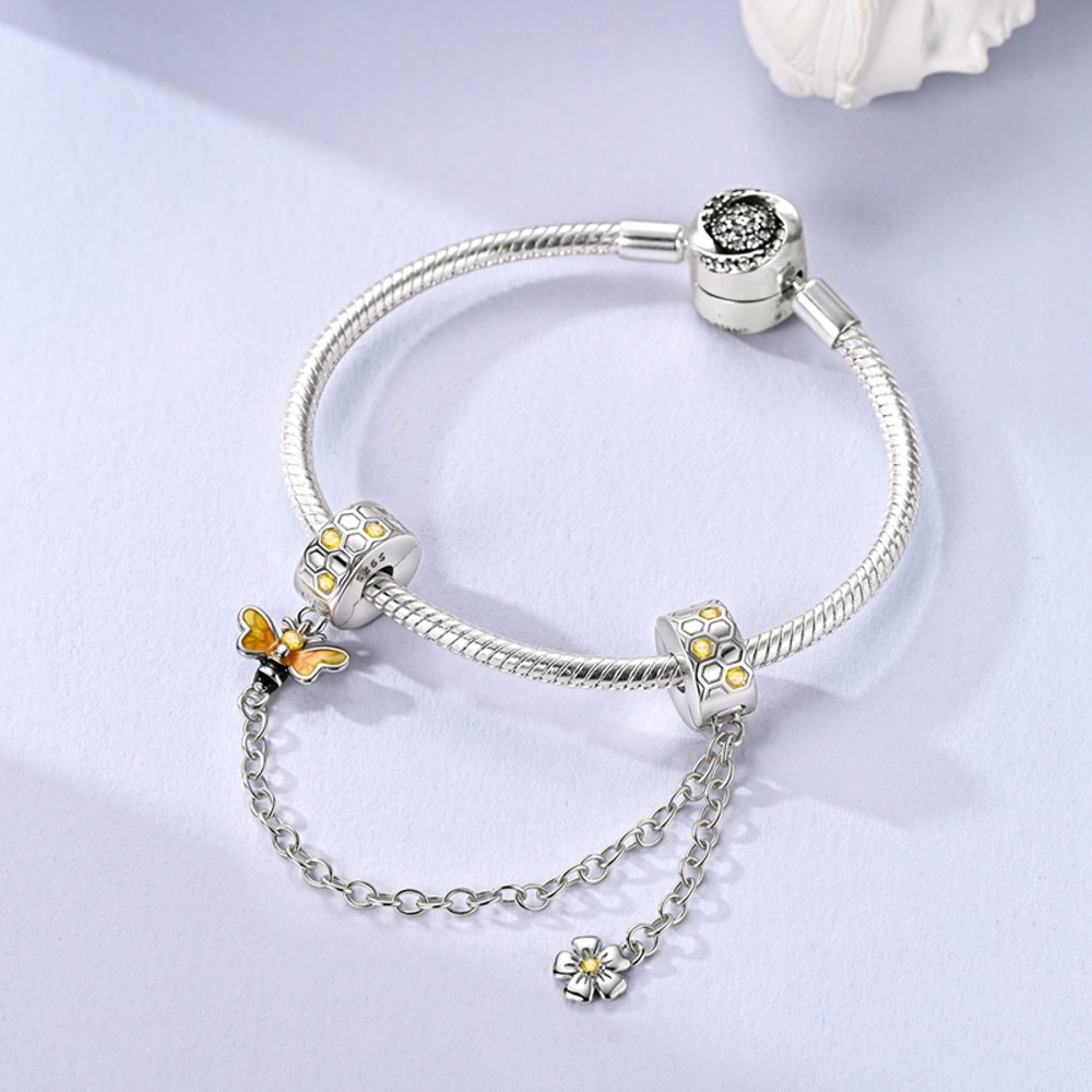Sterling Silver Safety Chain Beads Aircraft Earth Camera Daisy Silicone Charms for Original Bracelets DIY Jewelry Women