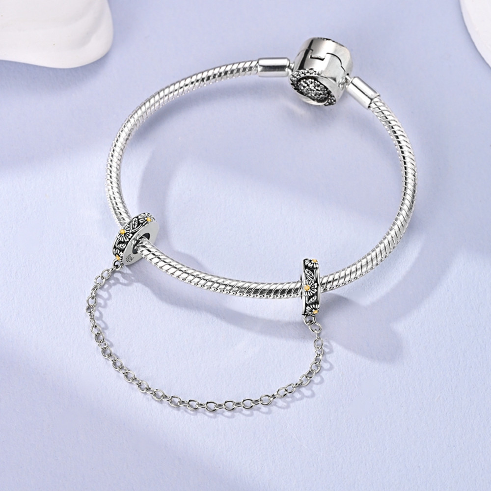 Sterling Silver Safety Chain Beads Aircraft Earth Camera Daisy Silicone Charms for Original Bracelets DIY Jewelry Women
