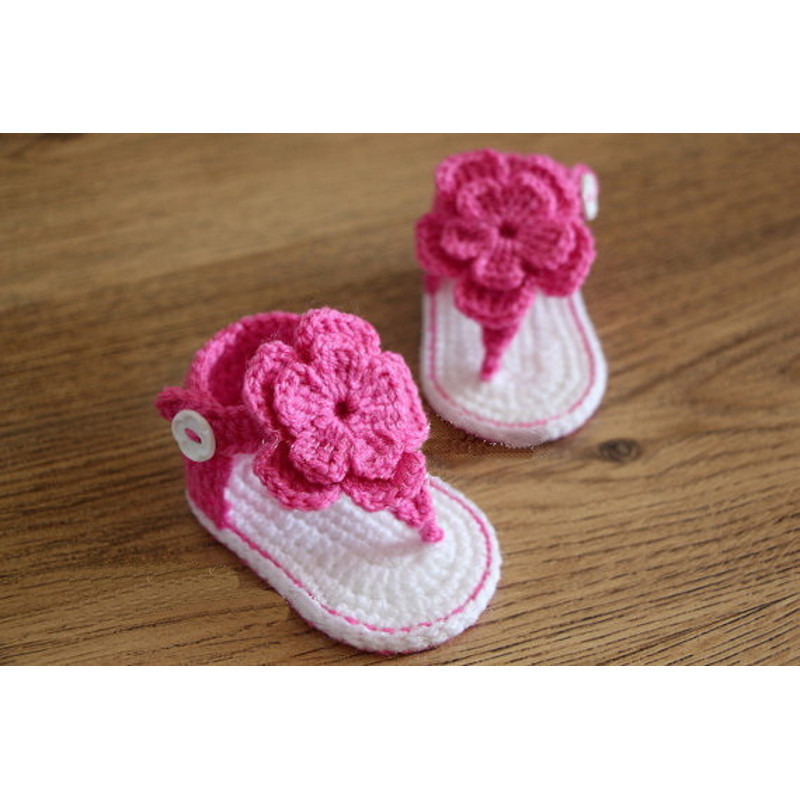 Handmade Crochet Baby Flip Flop Sandals, Summer Baby Sandals with Puff Flowers, Cute Crochet Baby Sandals