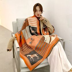 luxury horse print winter cashmere scarf women shawl wrap scarves lady thick warm blanket gift elegant echarpe