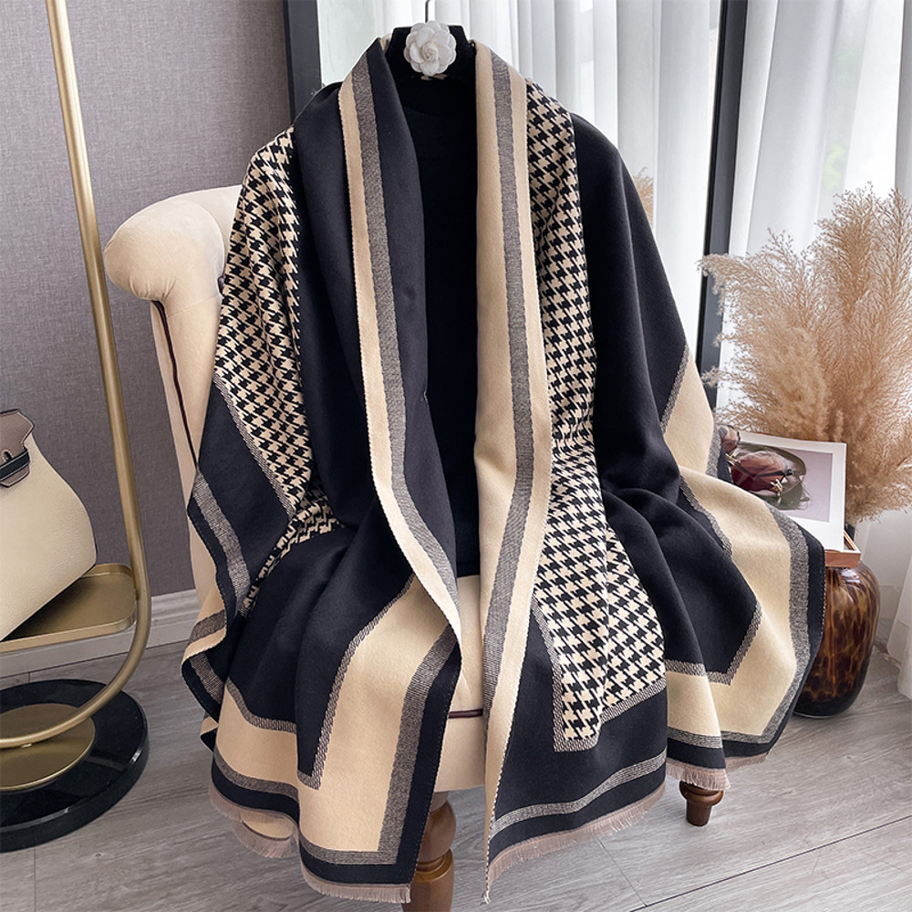 Elegant Luxury Brand Two-Sided Jacquard Scarf Pashmina Cashmere Soft Warm Fringe Shawl Cozy Winter Coldproof & Windproof