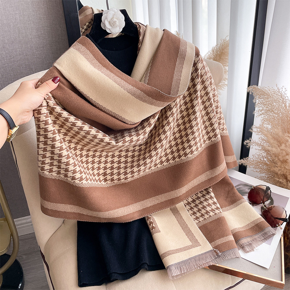 Elegant Luxury Brand Two-Sided Jacquard Scarf Pashmina Cashmere Soft Warm Fringe Shawl Cozy Winter Coldproof & Windproof