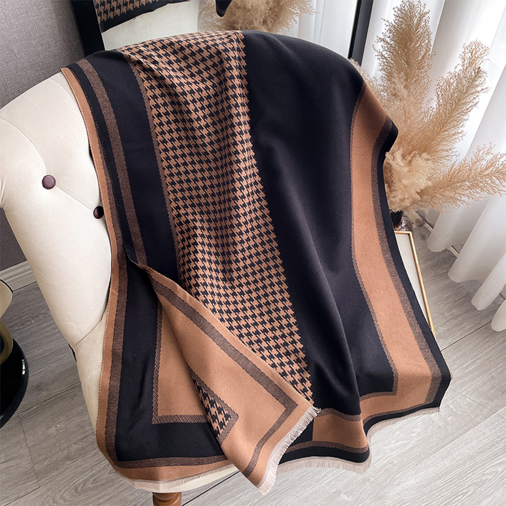 Elegant Luxury Brand Two-Sided Jacquard Scarf Pashmina Cashmere Soft Warm Fringe Shawl Cozy Winter Coldproof & Windproof