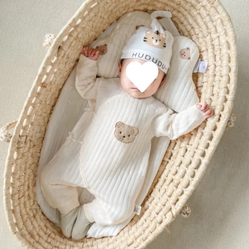 Cotton Bear Baby Jumpsuits With Hat Toddler Rompers For Boys Girls Long Sleeve Onesies Soft Breath 2