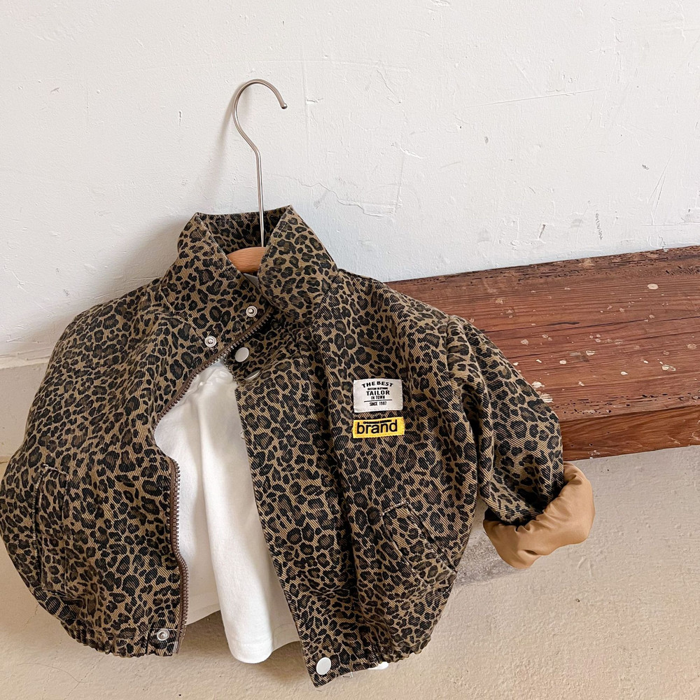 Kids Spring Autumn Casual Jacket, Boys Long-sleeved Korean Leopard Print Outerwear, Girls Short Denim Coat