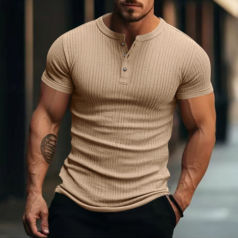 Stripe Knit Mens Stylish Tshirt Henley Neck Fashion Short Sleeve Soft Breathable Casual Top Comfort 4