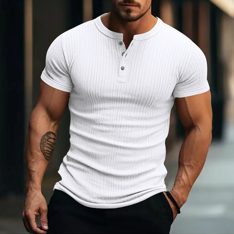 Stripe Knit Mens Stylish Tshirt Henley Neck Fashion Short Sleeve Soft Breathable Casual Top Comfort 10
