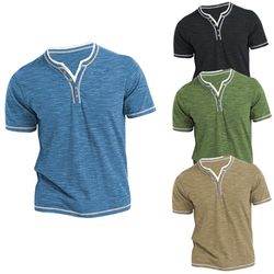mens new cotton small v-neck short sleeve t-shirts, casual henley collar slim elastic tops, stylish summer bottoming