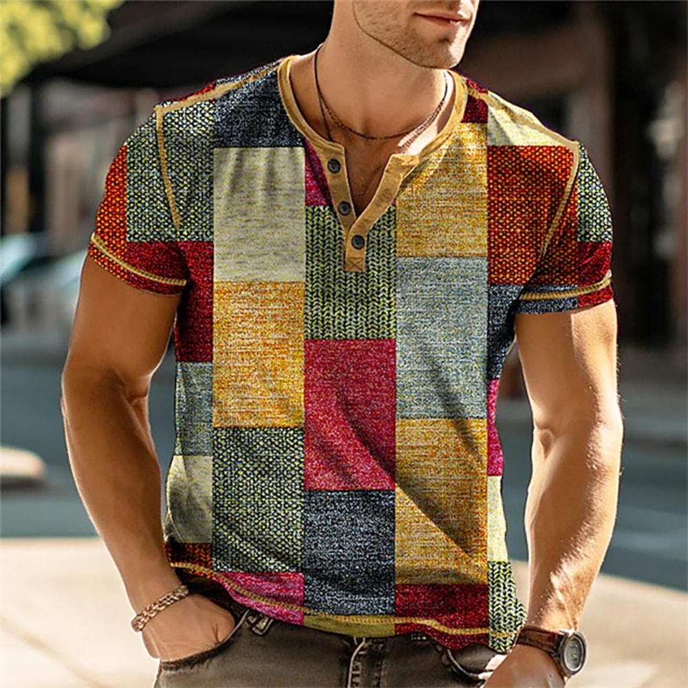 Mens 3D Print Patchwork Color Block Vintage Henley Shirts, Oversized Short Sleeve Button Up Fashion T Shirts, Trendy