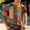 Mens 3D Print Patchwork Color Block Vintage Henley Shirts, Oversized Short Sleeve Button Up Fashion T Shirts, Trendy