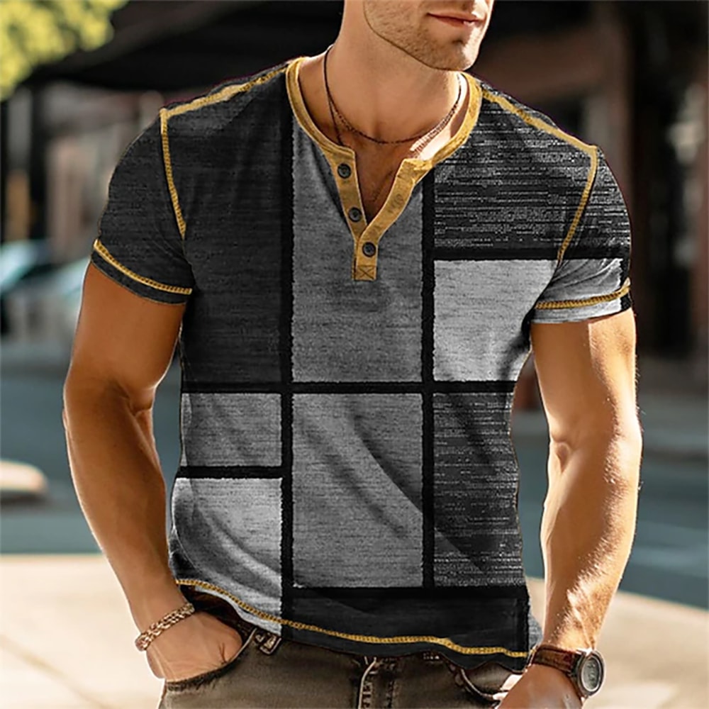Mens 3D Print Patchwork Color Block Vintage Henley Shirts, Oversized Short Sleeve Button Up Fashion T Shirts, Trendy