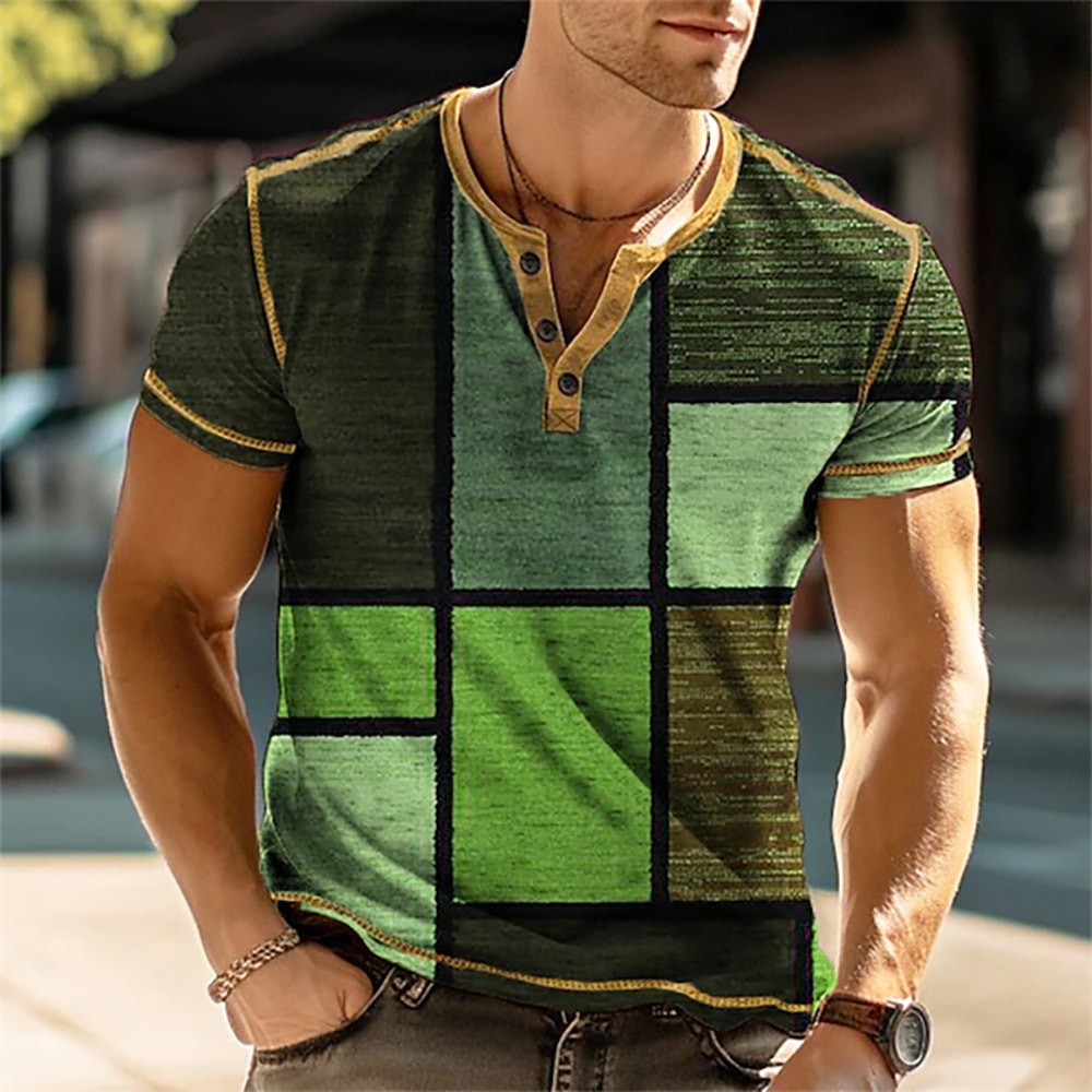 Mens 3D Print Patchwork Color Block Vintage Henley Shirts, Oversized Short Sleeve Button Up Fashion T Shirts, Trendy