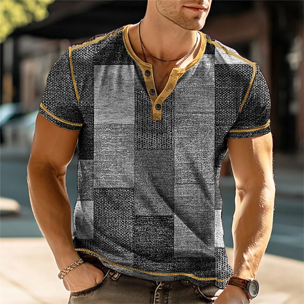 Mens 3D Print Patchwork Color Block Vintage Henley Shirts, Oversized Short Sleeve Button Up Fashion T Shirts, Trendy