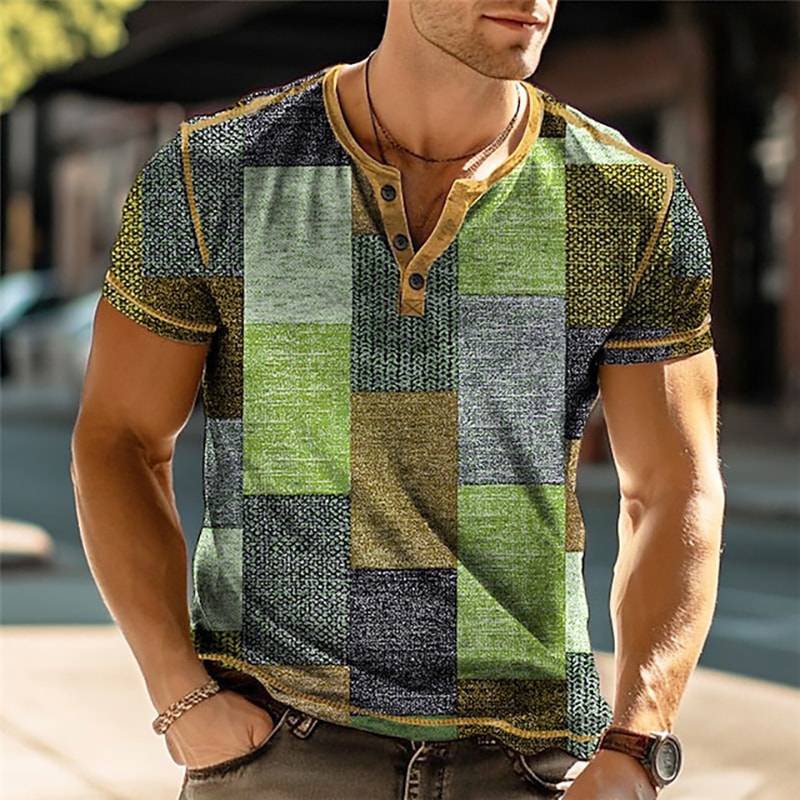 Mens 3D Print Patchwork Color Block Vintage Henley Shirts, Oversized Short Sleeve Button Up Fashion T Shirts, Trendy