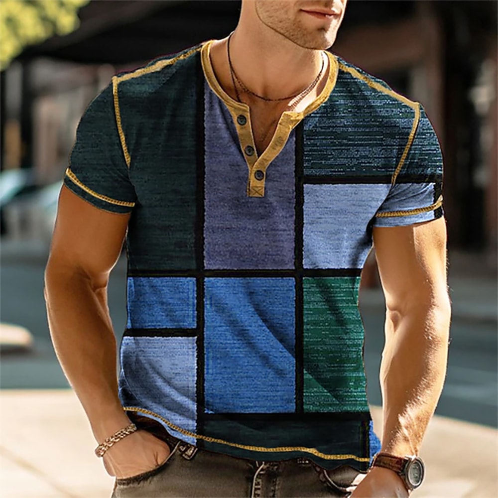 Mens 3D Print Patchwork Color Block Vintage Henley Shirts, Oversized Short Sleeve Button Up Fashion T Shirts, Trendy