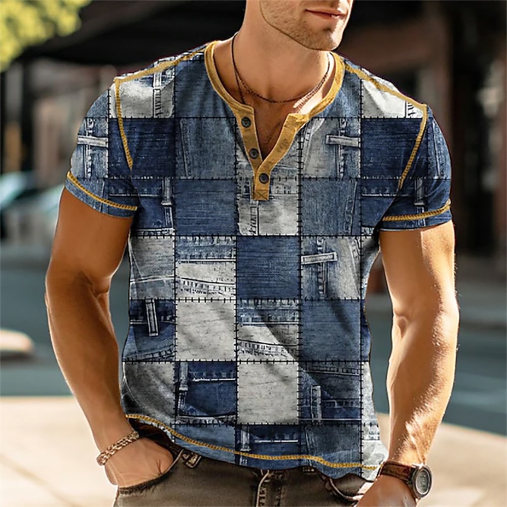 Mens Summer Color Block Vintage Henley Shirts Casual Patchwork 3D Print Short Sleeve ButtonDown T S 0