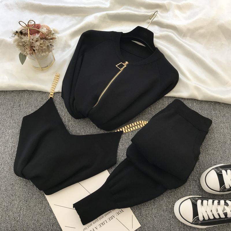 Women Zipper Knitted Cardigans Sweaters, Pants Sets, Vest, Stylish Fashion Jumpers Trousers Outfit for Autumn Winter