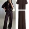 Vintage Brown Knitted Loose Pants Set Women Short Sleeve Lapel Cardigan Straight Trousers 2025 Eleg 0