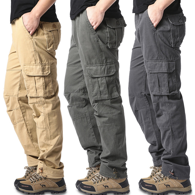 Mens Outdoor Tactical Pants Large Pocket Loose Overalls Elastic Waist Pure Cotton Jogging Work Pant 0