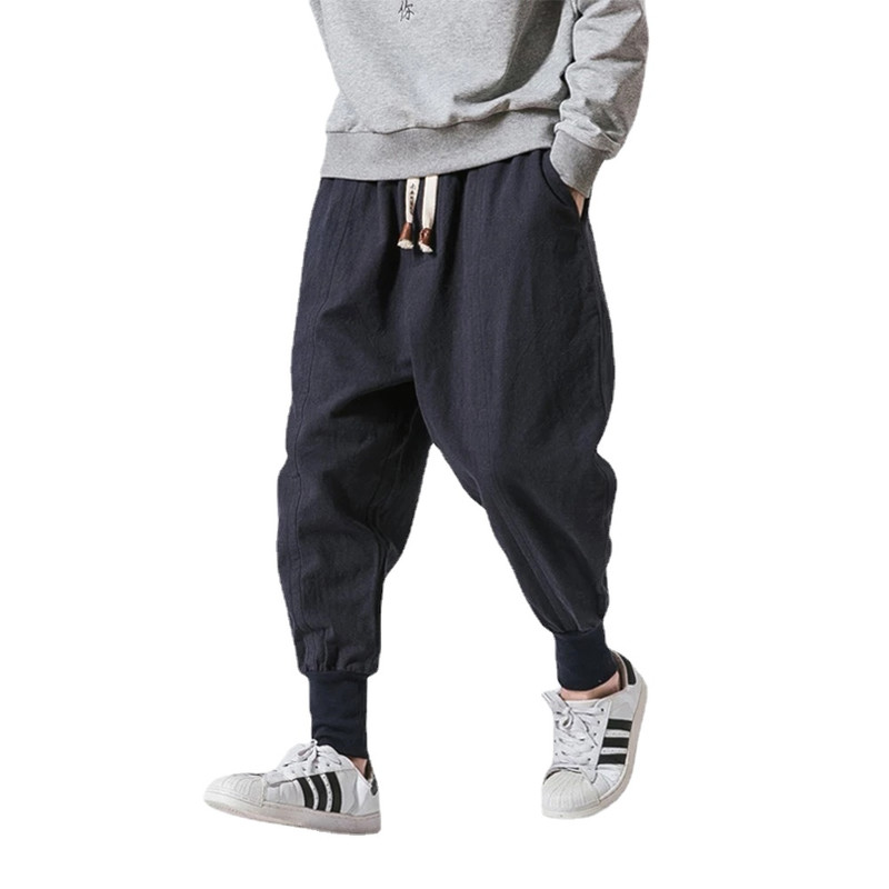 Mens Cotton Linen Harem Pants Elastic Waist Joggers Baggy Dropcrotch Streetwear Trousers Solid Casu 0