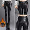 Womens Cashmere PU Leather Pants, Autumn Winter Thick Fleece High Waisted Slim Fit Black Warm Leggings