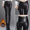 Womens Cashmere PU Leather Pants, Autumn Winter Thick Fleece High Waisted Slim Fit Black Warm Leggings
