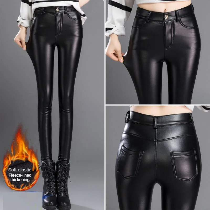 Womens Cashmere PU Leather Pants, Autumn Winter Thick Fleece High Waisted Slim Fit Black Warm Leggings