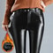 Womens Cashmere PU Leather Pants, Autumn Winter Thick Fleece High Waisted Slim Fit Black Warm Leggings