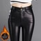 Womens Cashmere PU Leather Pants, Autumn Winter Thick Fleece High Waisted Slim Fit Black Warm Leggings