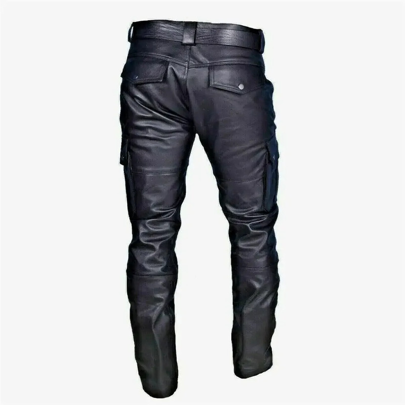 Black PU Mens Leather Motorcycle Pants With Cargo Pockets Stylish No Belt Men Trousers For Riders S 1