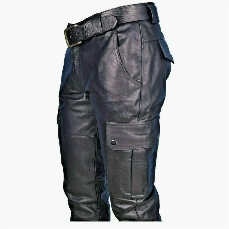 Black PU Mens Leather Motorcycle Pants With Cargo Pockets Stylish No Belt Men Trousers For Riders S 3