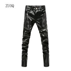 high street fashion pu leather pants for men, new winter skinny biker motorcycle trousers male stage club wear