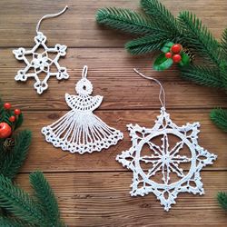 Easy Christmas crochet patterns set Crochet angel patterns for beginners Crochet lace snowflakes decorations pattern