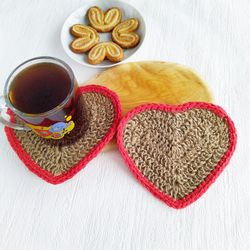 Crochet Valentine coaster heart pattern Easy coaster jute crochet pattern for beginners Crochet cup coaster