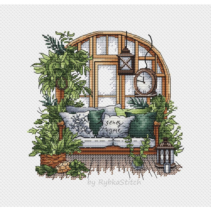 Garden Pattern For Cross Stitch Interior Embroidery PDF Green Garden Embroidery PDF Terrace Window 2