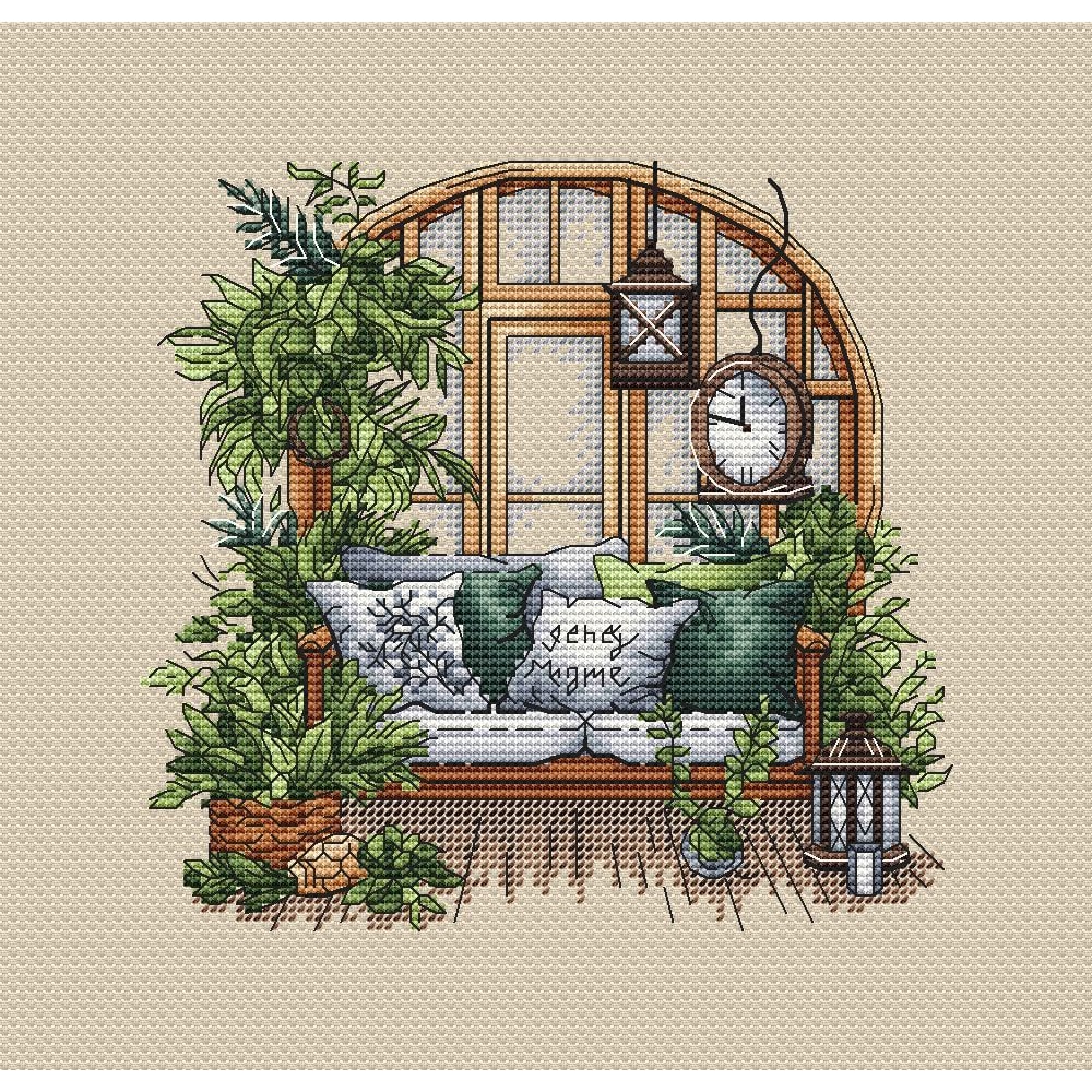 Garden Pattern For Cross Stitch Interior Embroidery PDF Green Garden Embroidery PDF Terrace Window 1