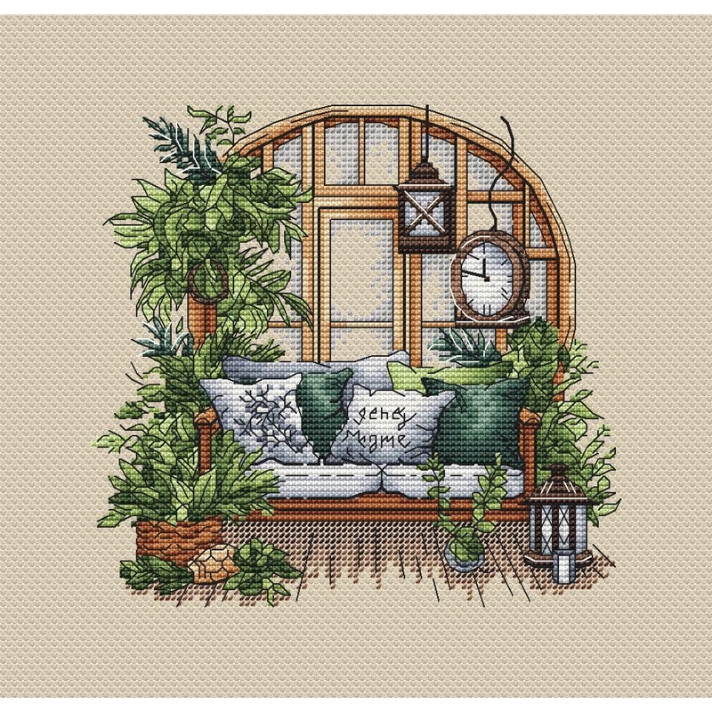 Garden Pattern For Cross Stitch Interior Embroidery PDF Green Garden Embroidery PDF Terrace Window 1