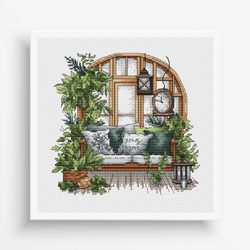 garden pattern for cross stitch, interior embroidery pdf, green garden embroidery pdf, terrace window cross stitch