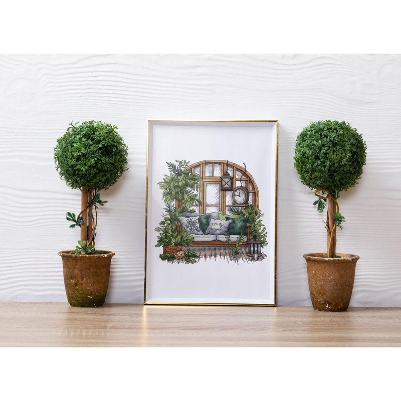 Garden Pattern For Cross Stitch Interior Embroidery PDF Green Garden Embroidery PDF Terrace Window 9