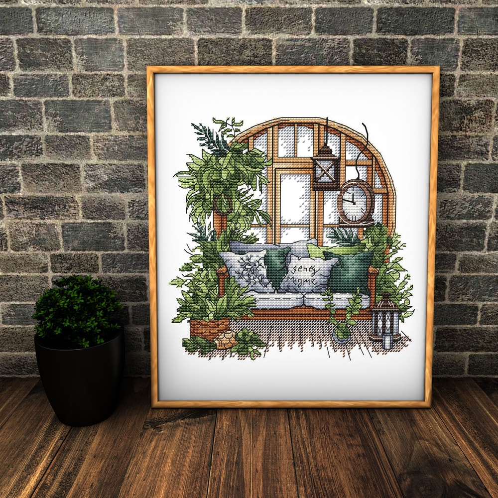 Garden Pattern For Cross Stitch Interior Embroidery PDF Green Garden Embroidery PDF Terrace Window 3