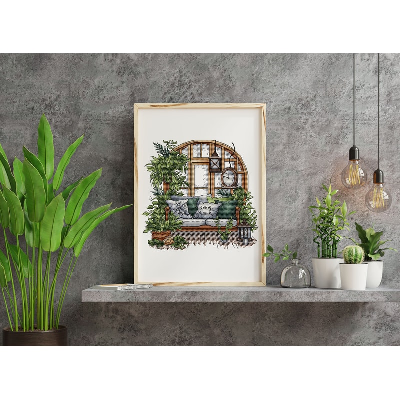 Garden Pattern For Cross Stitch Interior Embroidery PDF Green Garden Embroidery PDF Terrace Window 6