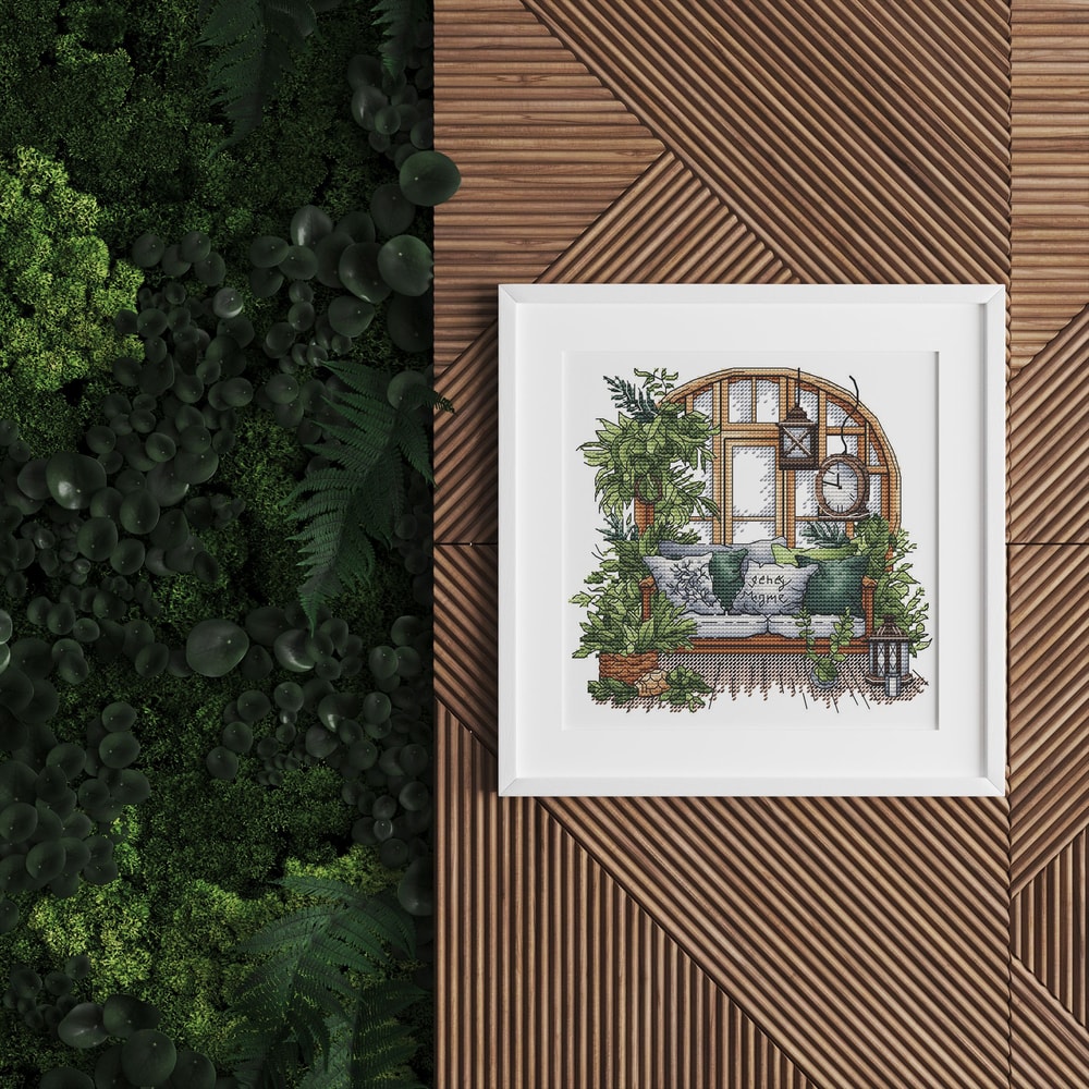 Garden Pattern For Cross Stitch Interior Embroidery PDF Green Garden Embroidery PDF Terrace Window 7