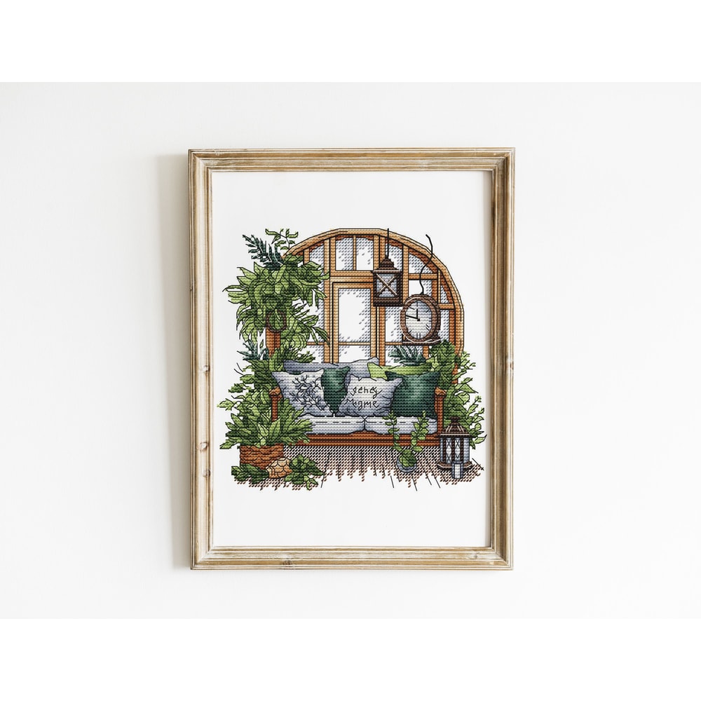 Garden Pattern For Cross Stitch Interior Embroidery PDF Green Garden Embroidery PDF Terrace Window 8