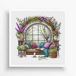 garden pattern for cross stitch, interior embroidery pdf, spring garden embroidery pdf, terrace window cross stitch