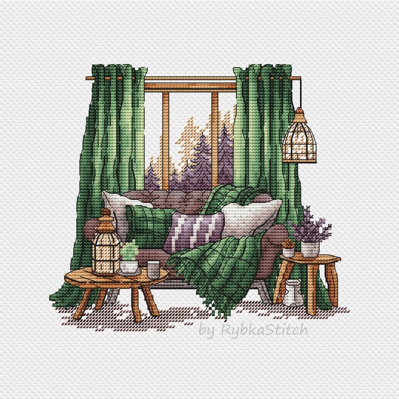 Forest Pattern For Cross Stitch Bedroom Decor Embroidery PDF Mountain Embroidery PDF Terrace Window 0