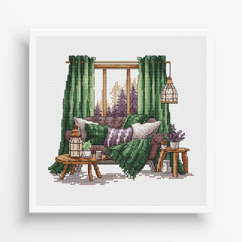 Forest Pattern For Cross Stitch Bedroom Decor Embroidery PDF Mountain Embroidery PDF Terrace Window 1